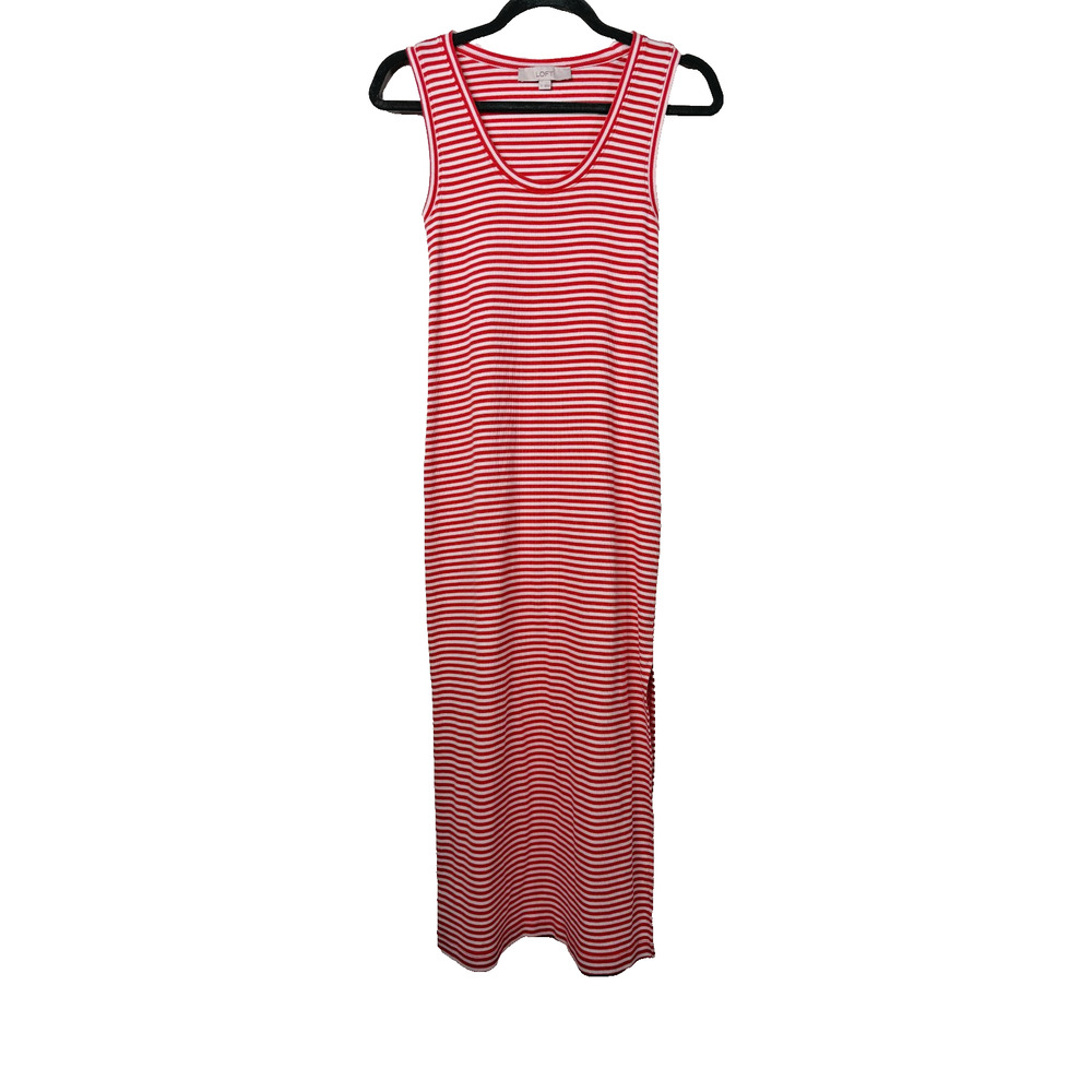 LOFT Red White Striped Maxi Tank Dress Sleeveless Side Slit Casual S Nautical